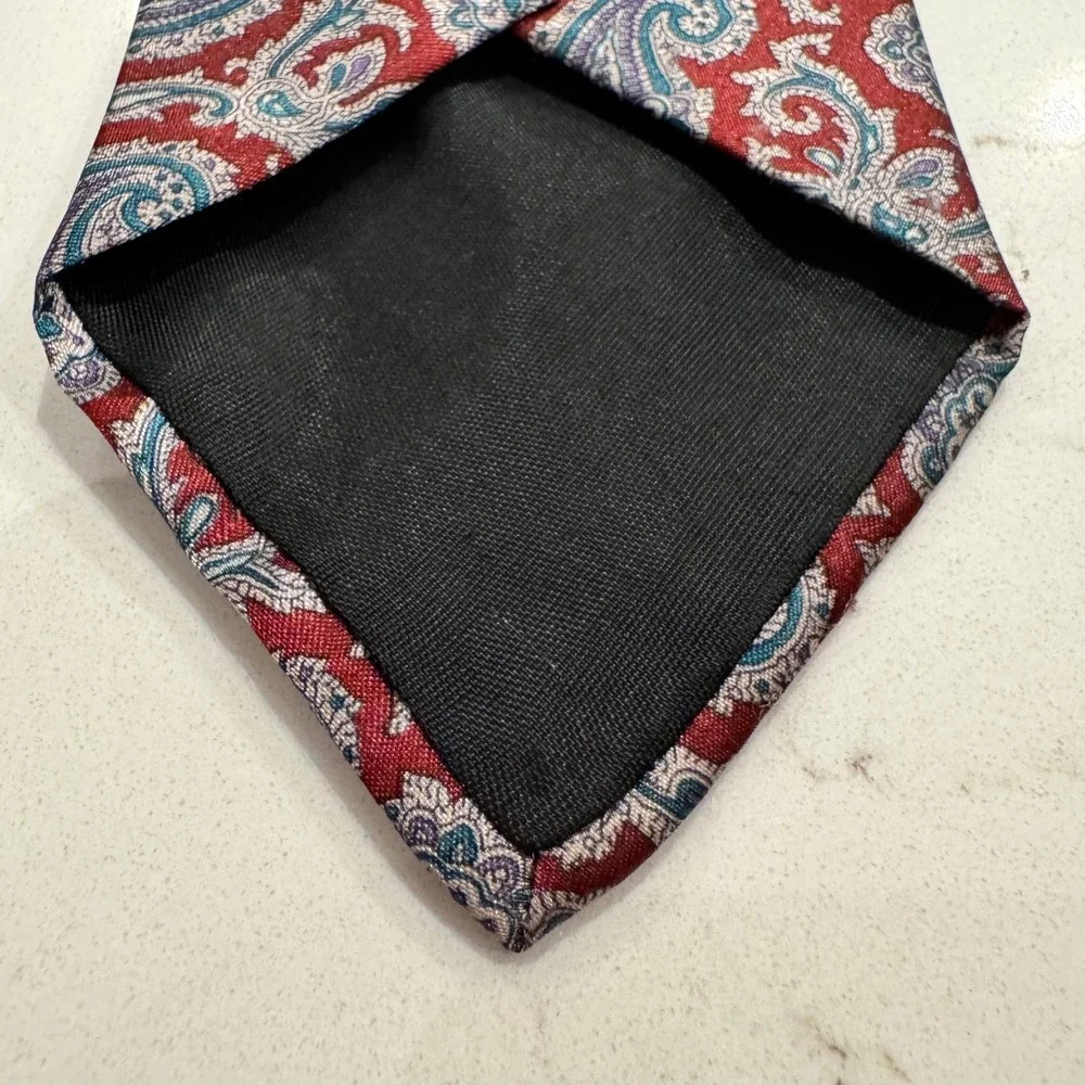 Robert Alan Mens Paisley Necktie Burgundy Red Blue Silver USA Made Polyester
